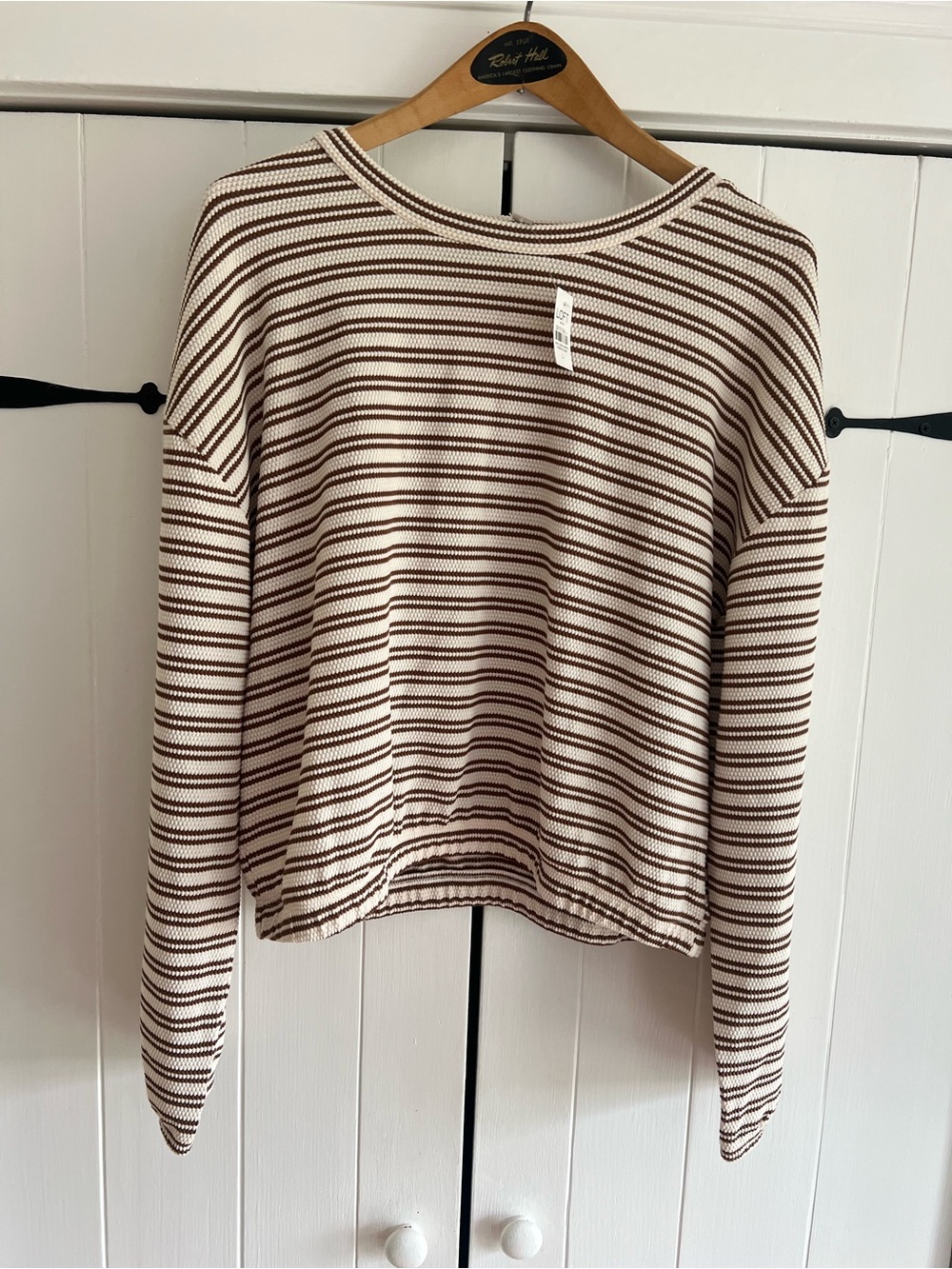 LOFT Cream and Brown Striped Knit long sleeve top. Elastic waistband